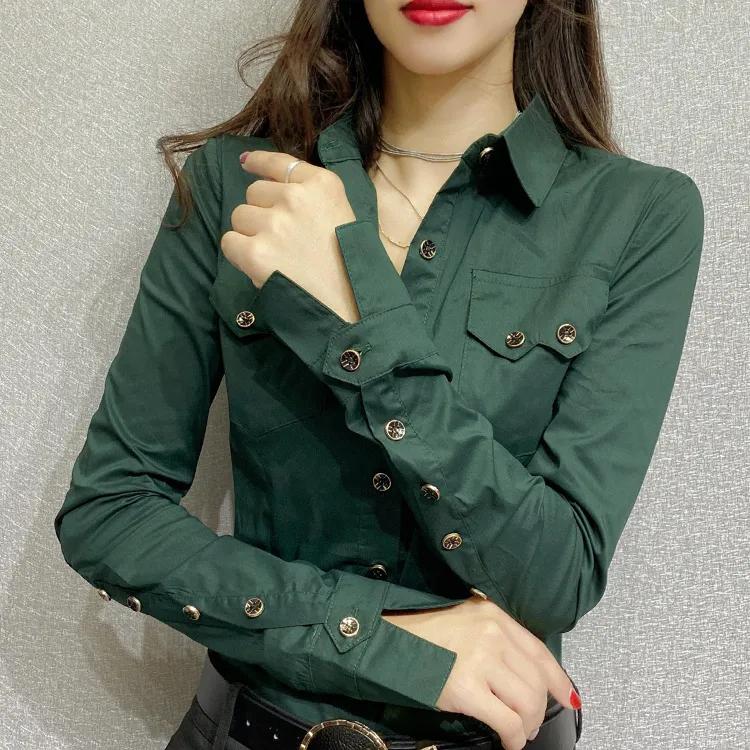 Spring Women's Long Sleeve Green Shirts Autumn Office Lady Pocket Blouses Women Button Up Tops