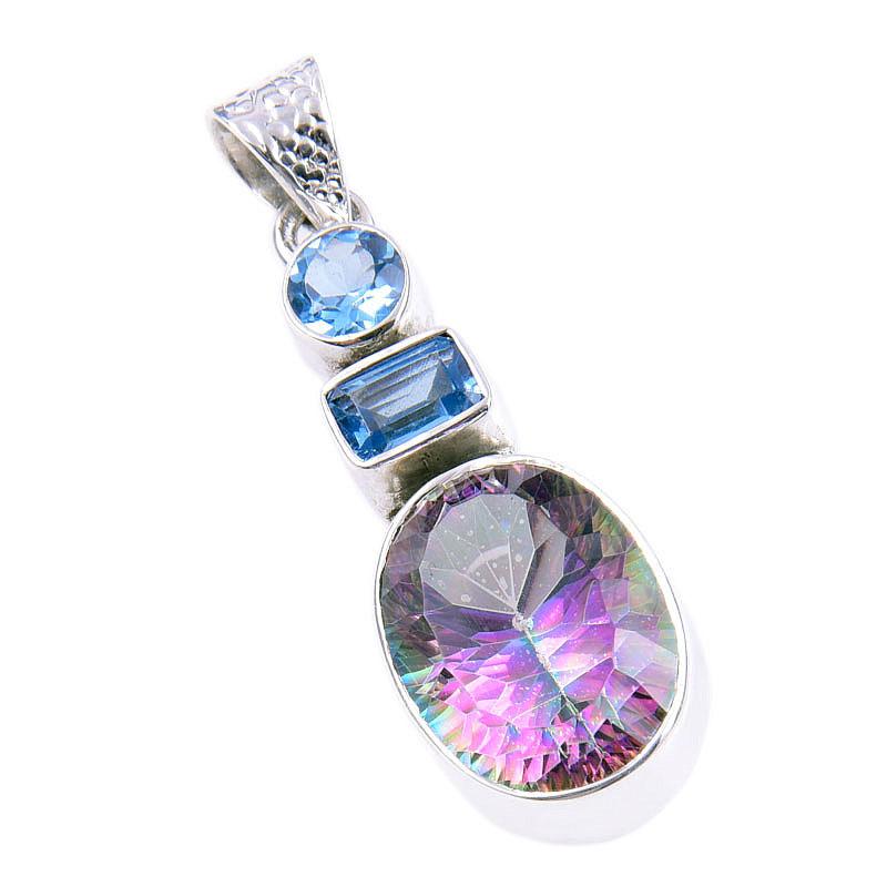 Natural Mystic Topaz,Blue Topaz Gemstone 925 Solid Silver Pendant 1.75'' B6s10