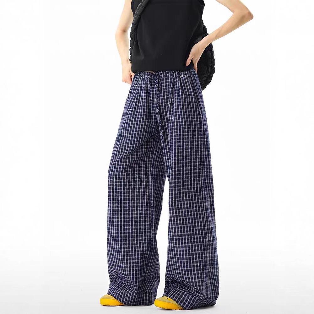 American Retro Light Dark Blue Plaid Casual Pants for Men and Women, Loose and Cool In Summer, Trendy Brand Wide-legged Lazy Long Pants