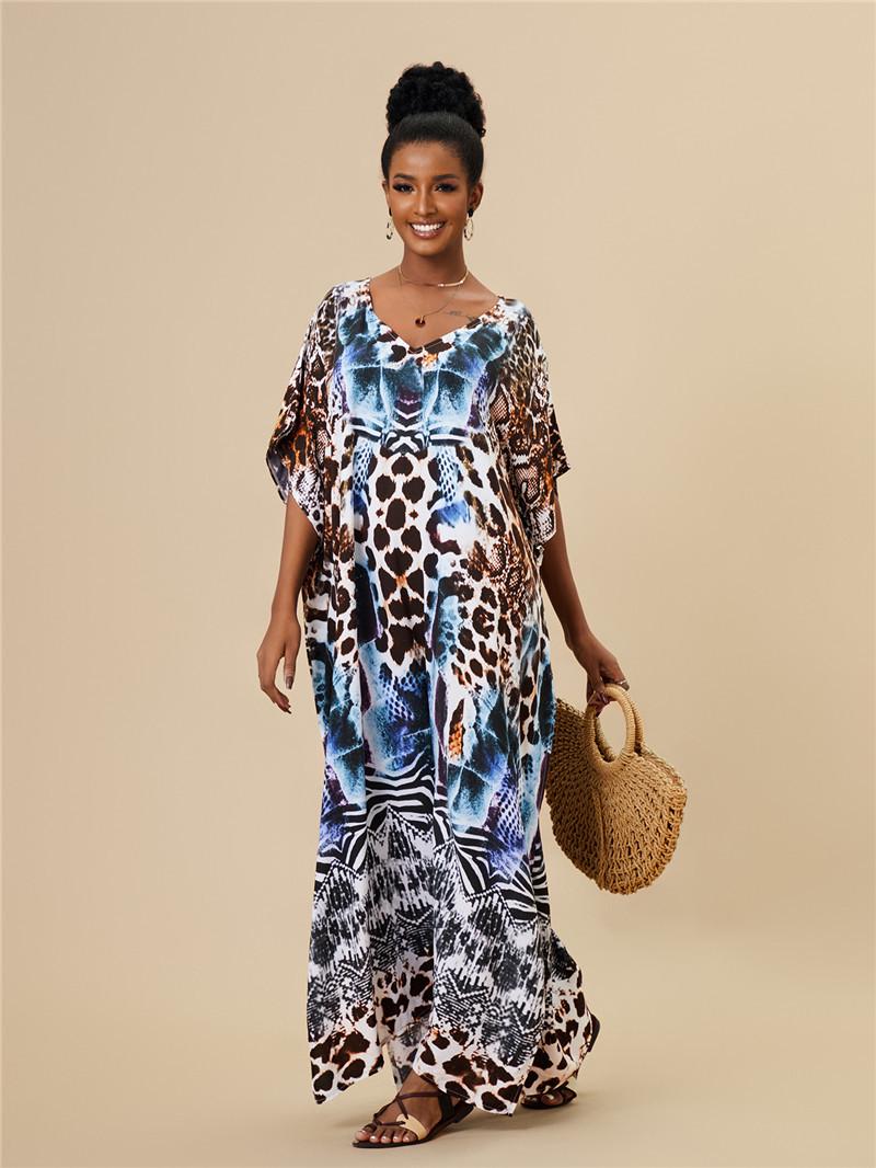 

European Cotton Watermarked Print Beach Cover-Up: Loose, Robe-Style Bikini Sun Protection One Size