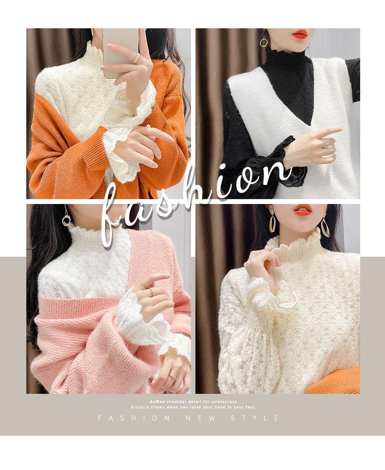 Women's Autumn/Winter 2120 Lace Fleece-Lined High Neck Base Layer Top - Fashionable, Thickened Innerwear 