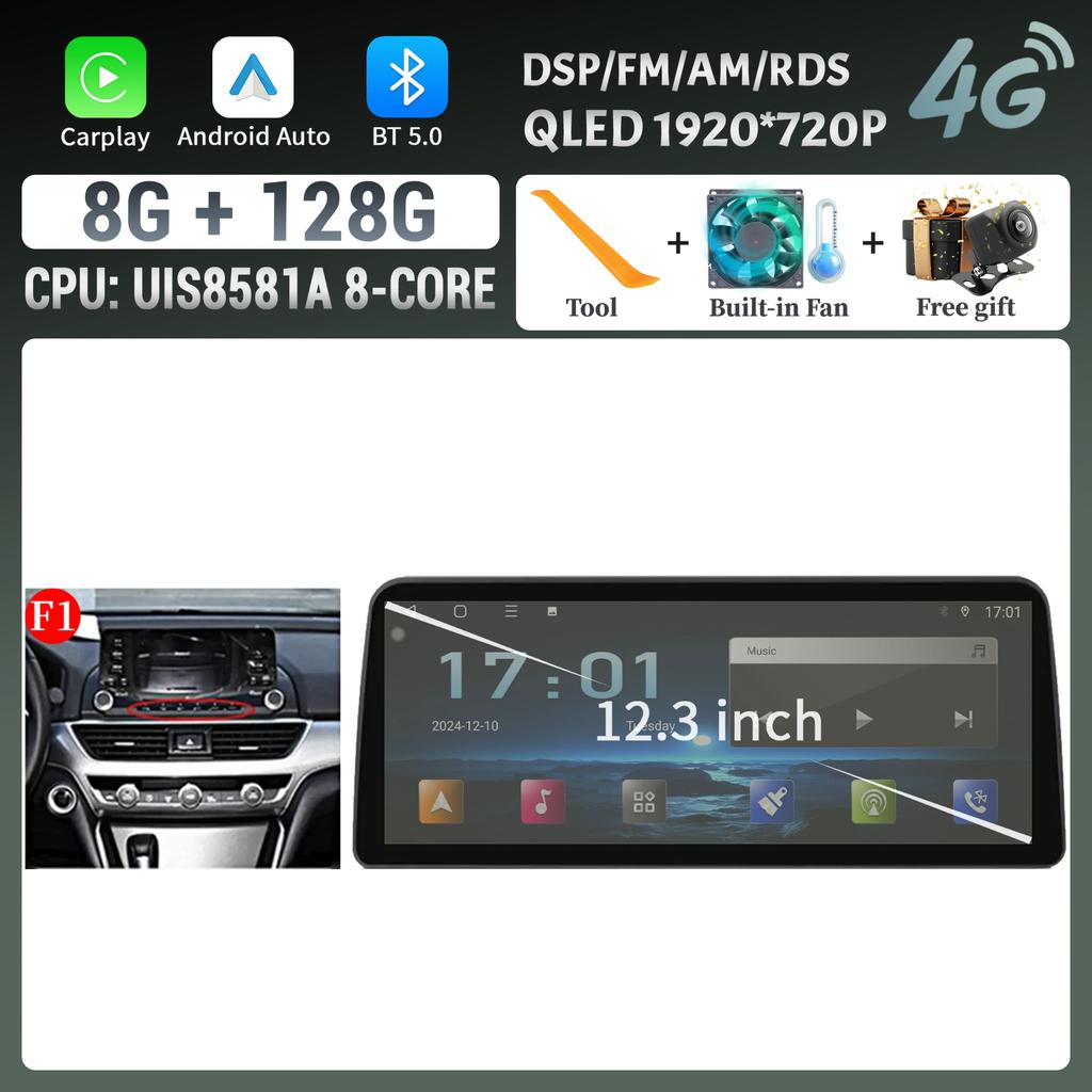 Android 14 12.3inch Screen For Honda Accord 10 2018 2019 2020 2022 Car Radio Multimedia Navigation 4G Wireless BT CarPlay Stereo