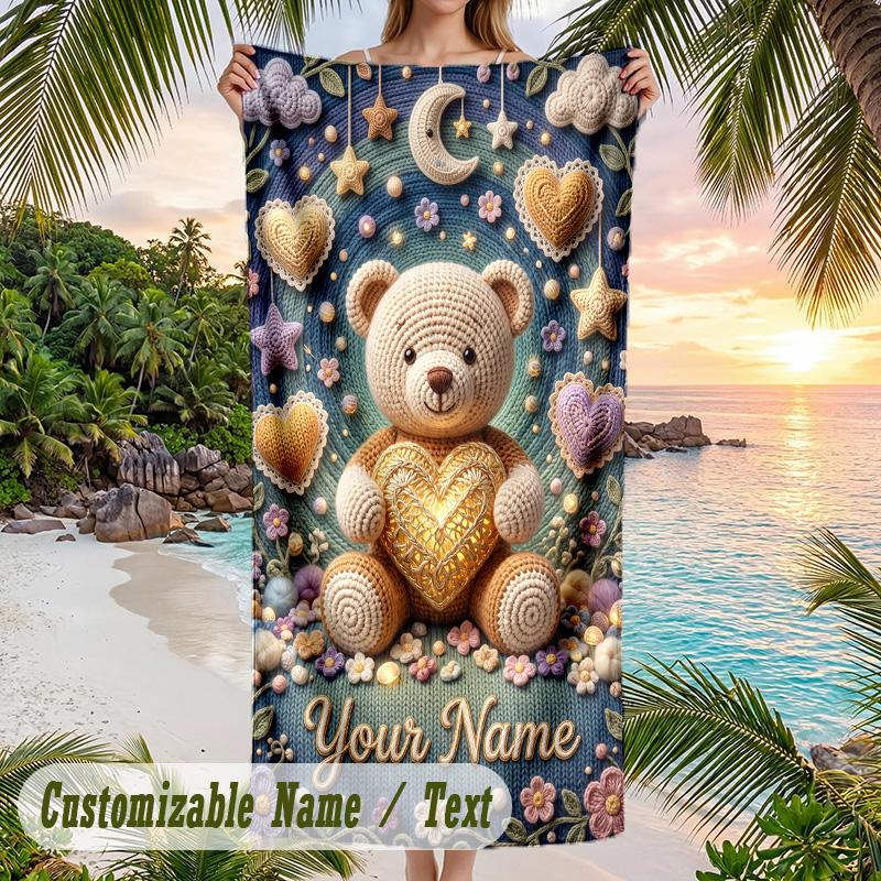 Teddy Bear Theme Beach Towel Personalized Custom Name & Text Soft Quick Dry Beach Towel for Swimming Travel