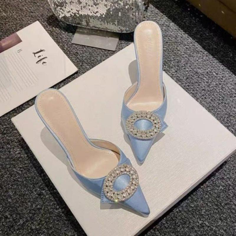 Fashion Women's Baotou Slippers Fall New Pointed Head Rhinestone Buckle Anti-slip Wear-resistant High Heels
