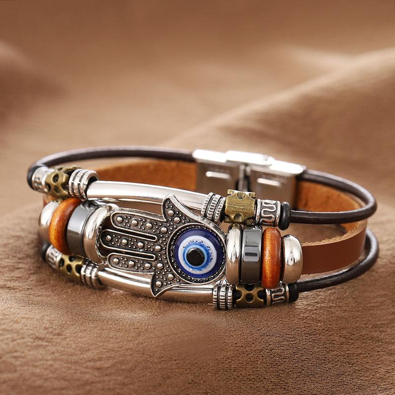 Turkish Blue Eye Wristband Lucky Hand  Gifts Evil Eye Fatima Hand Charm Bracelets for Women Men Genuine Leather Bracelet