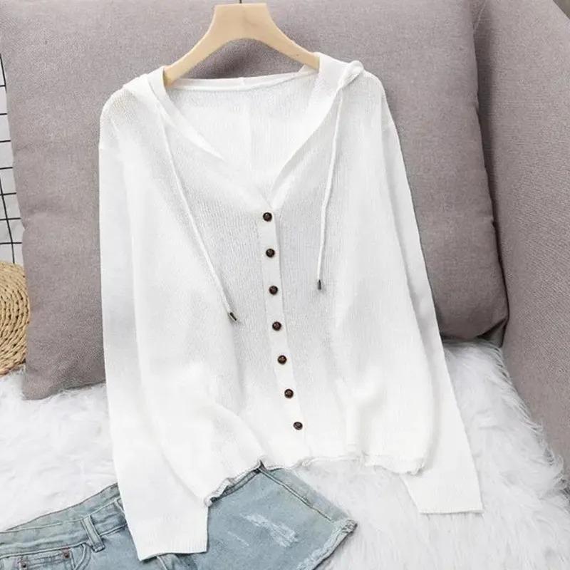 Summer Short Knitted Cardigan Coat Women's Hooded Ladies Solid Color Button Sun Protection Thin Outdoor Outwear