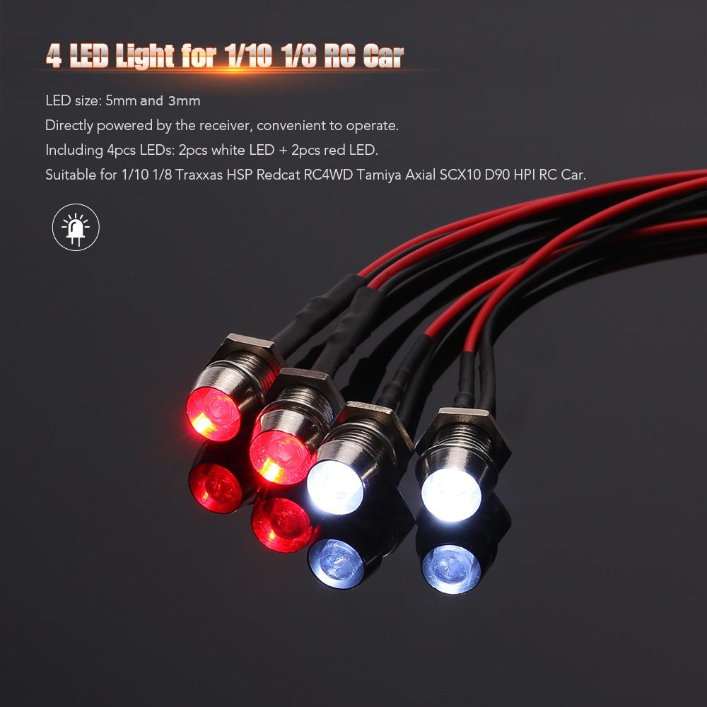 4 LED Lights Kit 2 White 2 Red for 1/10 1/8 Traxxas HSP Redcat RC4WD Tamiya Axial SCX10 D90 HPI RC Car