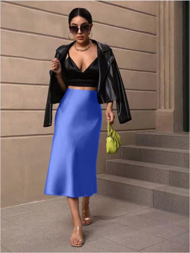 Jesienna satynowa spódnica midi z rybim ogonem - Nowa europejska i amerykańska moda damska