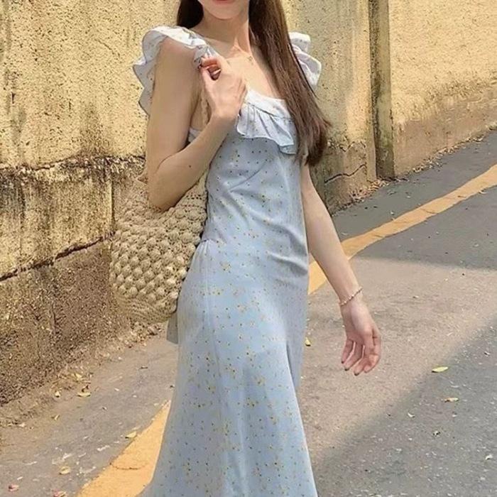 Coffee Break French Floral Dress Children's Summer New Yellow Flying Sleeves Waist Thin Temperament Suspender Dress