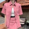 Dopamine Pink Casual Denim Short-Sleeve Jacket & Shorts Set
