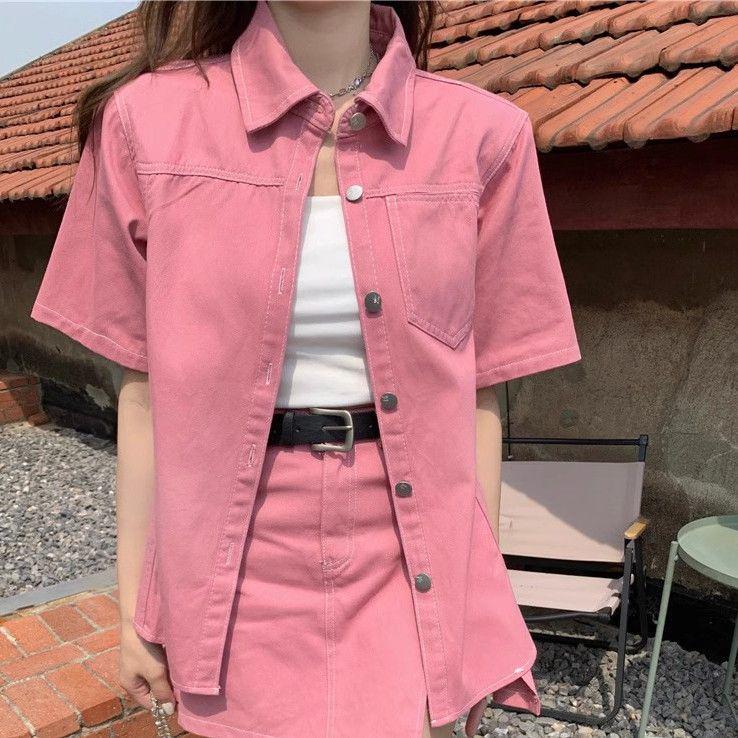 Dopamine Pink Casual Denim Short-Sleeve Jacket & Shorts Set