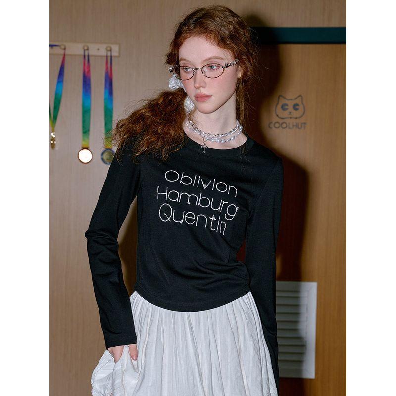 Coolhut American Retro Letter Print Loose Round Neck New Women's T-Shirt Casual Long-Sleeved Top