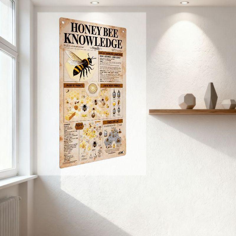 HONEY BEE KNOWLEDGE Vintage Tin Sign - Bee Biology, Honey Products, Pollination Educational Poster for Classroom, Home Decor
