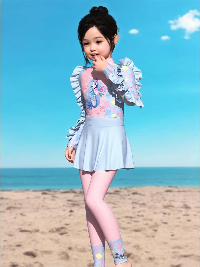 Children's Girls' Long-Sleeve Two-Piece Swimsuit Set for Small, Medium, Large