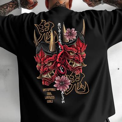 Vintage Black Oni Demon Face Print T Shirt Floral Japanese Text Street Casual Short Sleeve Top
