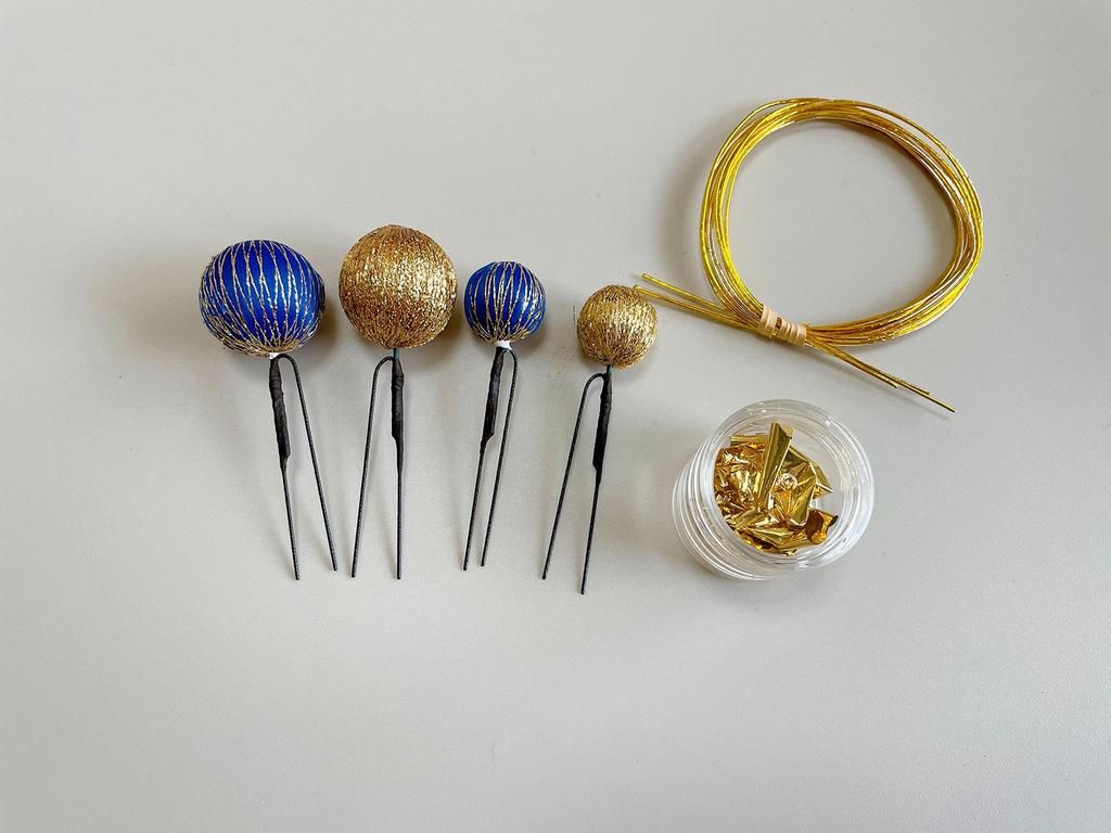 Japanese Style Hair Ornament with Blue and Gold Leaf and Mizuhiki Damakanzashi for and Perfect for Bridal (ball Kanzashi) Graduations, Weddings,