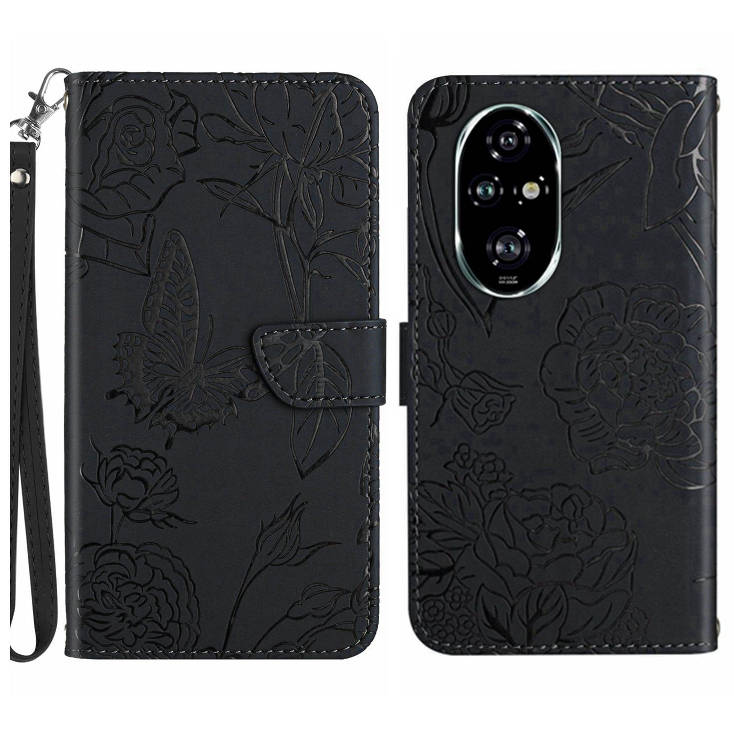 

HT03 For Honor 200 5G Case PU Leather Phone Cover with Hand Strap Butterfly Flower Pattern Black