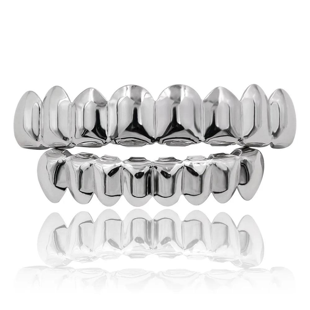 Unisex Glossy Finish Teeth Grillz Top Bottom Set Eco-friendly Copper Shiny Teeth Grillz Caps Gold Silver Teeth Jewelry Rapper