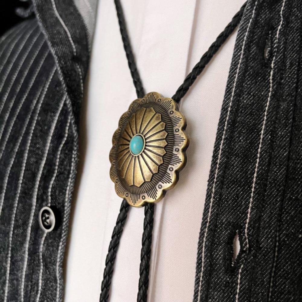 PU Woven Rope Indian Western Cowboys Bolo Tie Ethnic Style Brass Carved Flowers Necktie  Gift