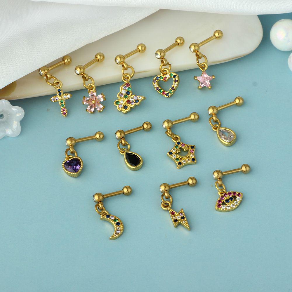 Zircon Stainless Steel Cartilage Stud Earrings - European & American Style