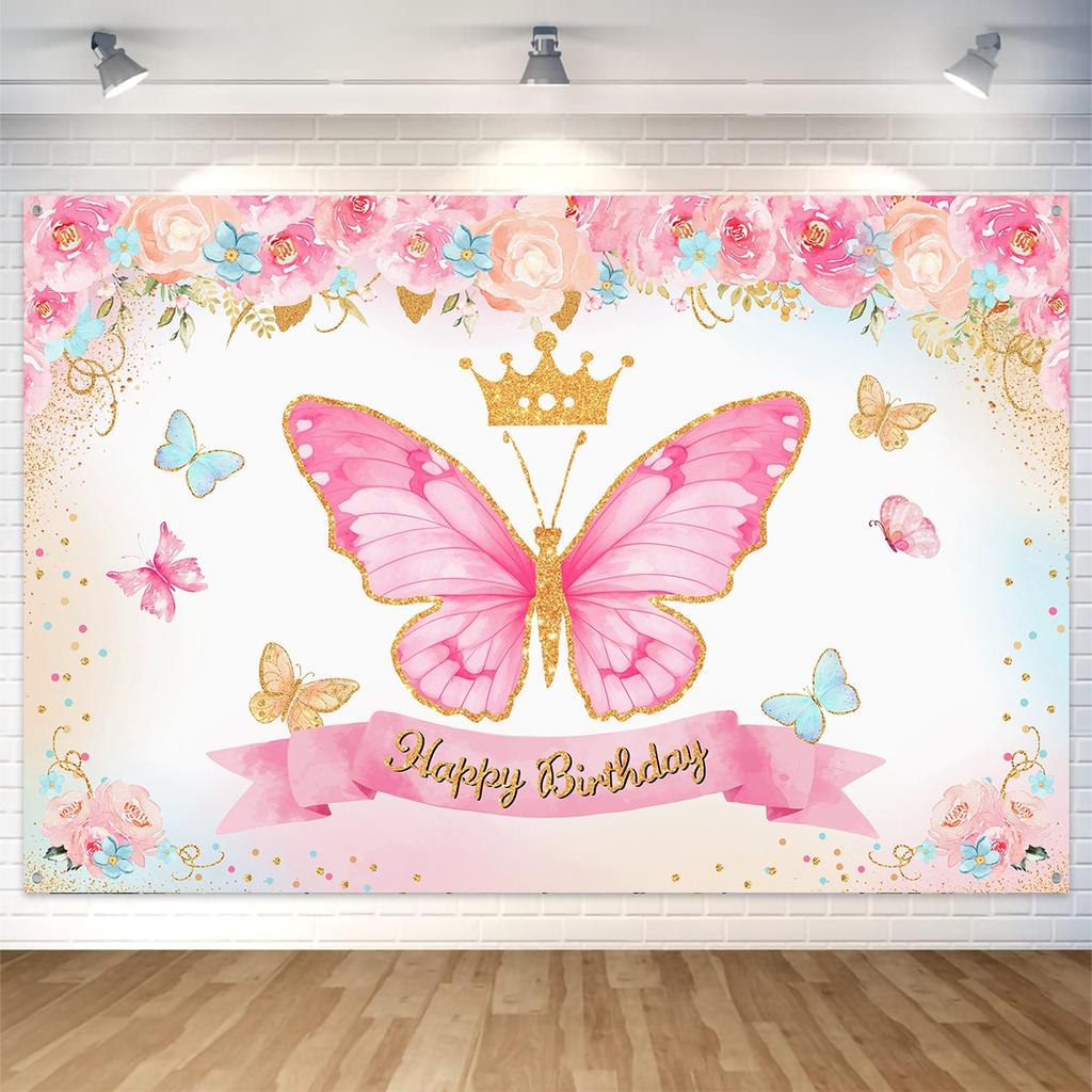 Butterfly Backdrop Butterfly Happy Birthday Party Decor Kids Girls Birthday Party Supplies Baby Shower Photography Background