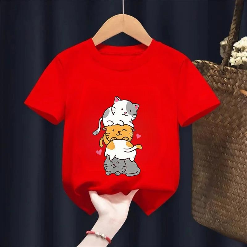 Cute Cat Graphic Kids Tshirts Summer Short Sleeve Tees Cartoon Animal Boys Girls Clothes Kawaii Kitten Tops Y2K Children T-shirt