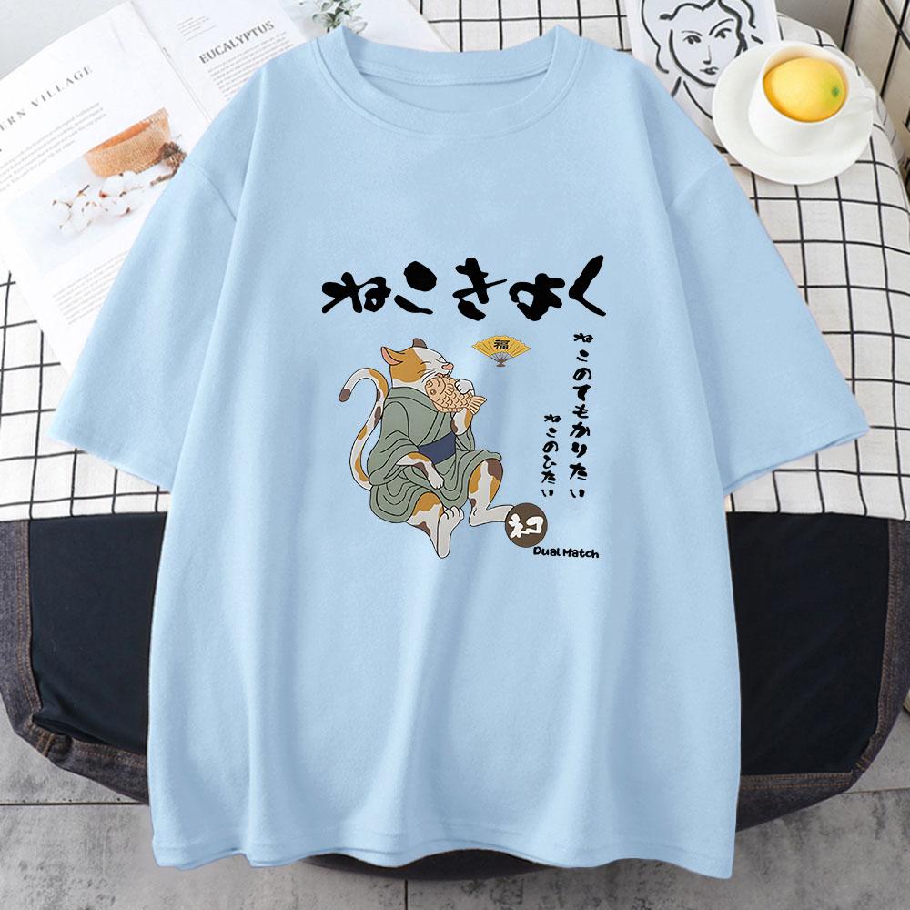 Japanese Kanji Cat Tshirt for Women Fashion Print Animals Summer Short Sleeve Female Kawaii T Shirt Cute Young Girl Clothes Y2k