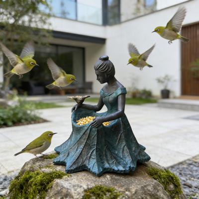 Fairy Garden Statue Bird Feeder And Bird Bath Resin Outdoor Decorative Girl Sculpture for Garden Lawn Patio Yard Decor