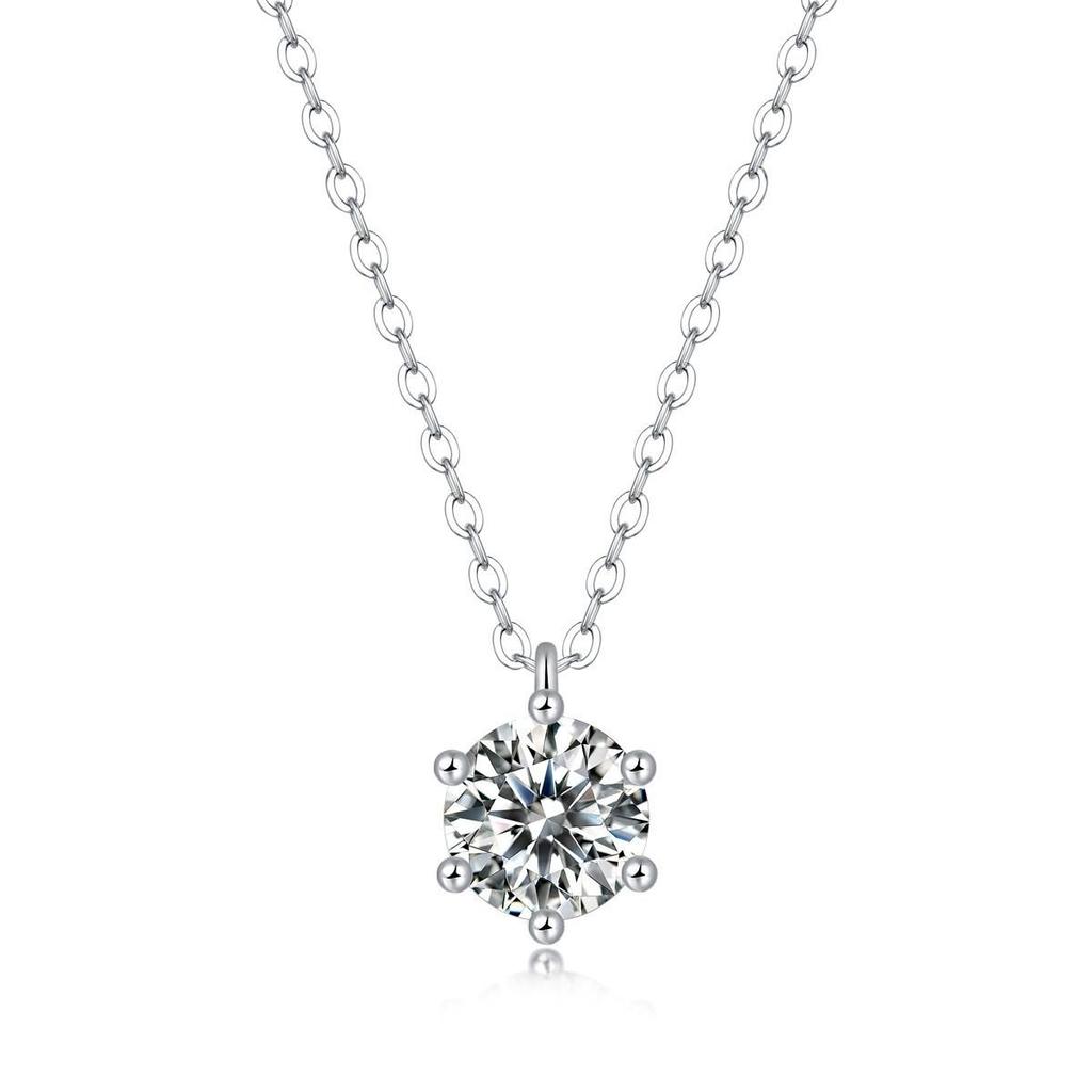 Elegantly Crafted Moissanite Six-Prong Pendant on 925 Silver Clavicle Necklace.