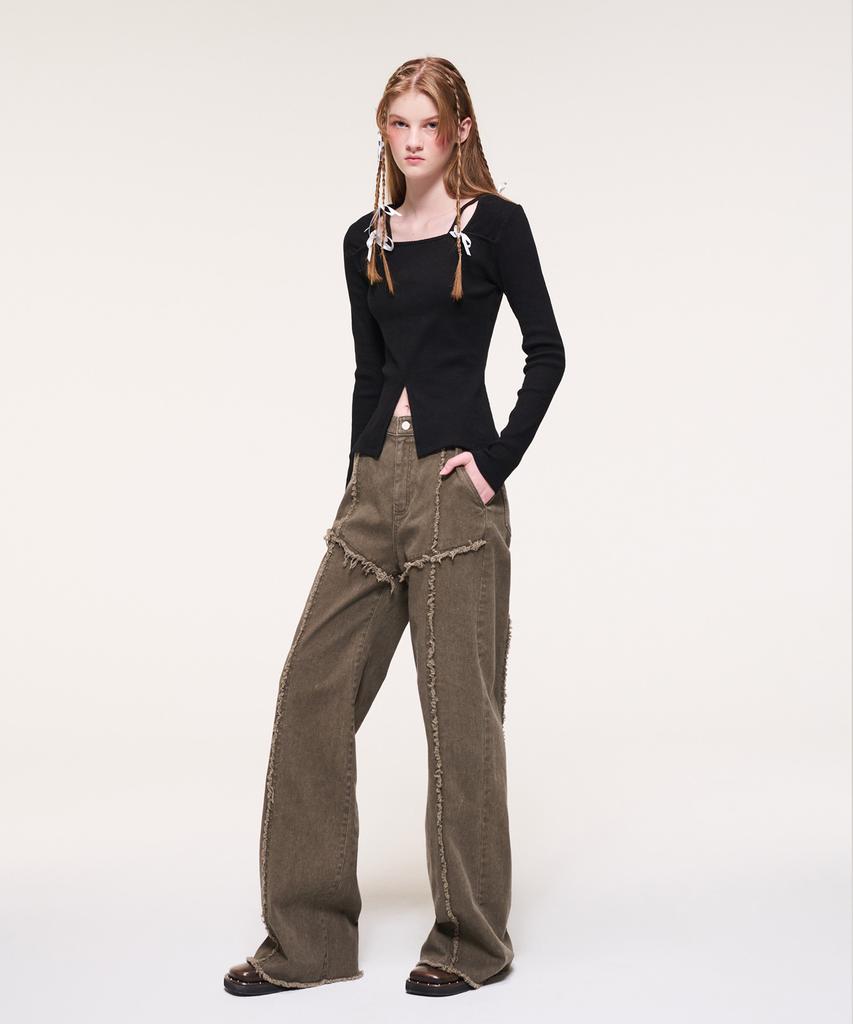 Etmont Damage Denim Pants, Khaki Brown