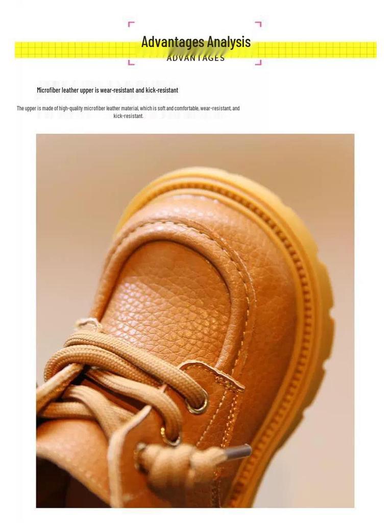 Children's Yellow Leather Martin Boots: Soft Sole Autumn/Winter Toddler Walking Shoes for Boys and Girls.