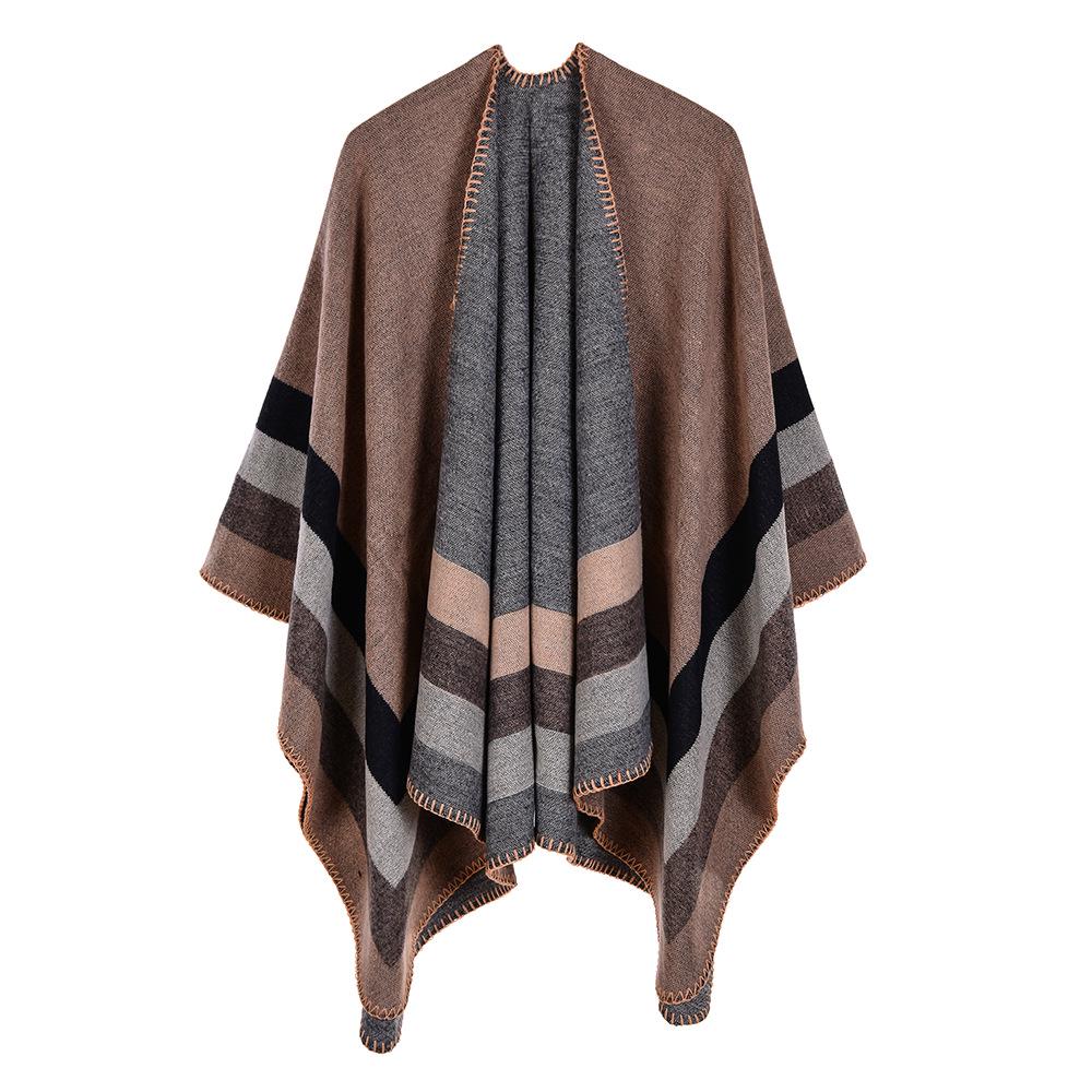 Versatile Plaid Women's Faux Cashmere Shawl: Ethnic Style Slit Cape for Autumn/Winter