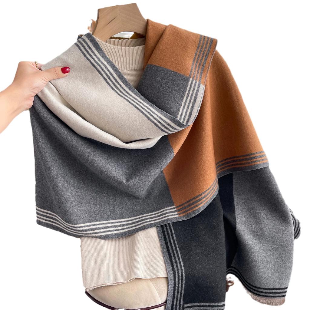 Fashion Korean-Style Colorblocked Faux Cashmere Scarf For Women Air Conditioner Shawl Elegant Thickened Cold-Proof Wrap For Autu