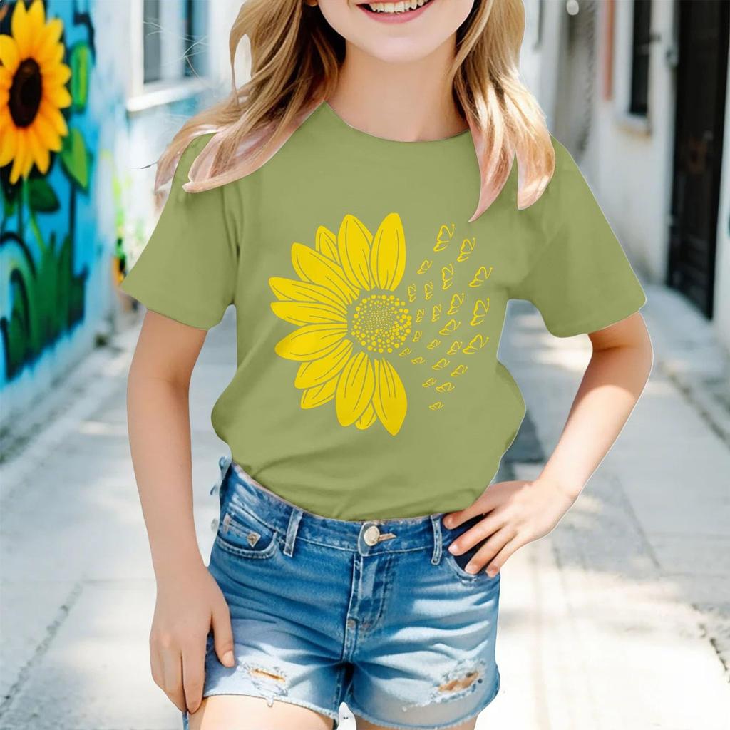 Kids Fashion Short Sleeve Round Neck Floral Printed Casual T-Shirt Top