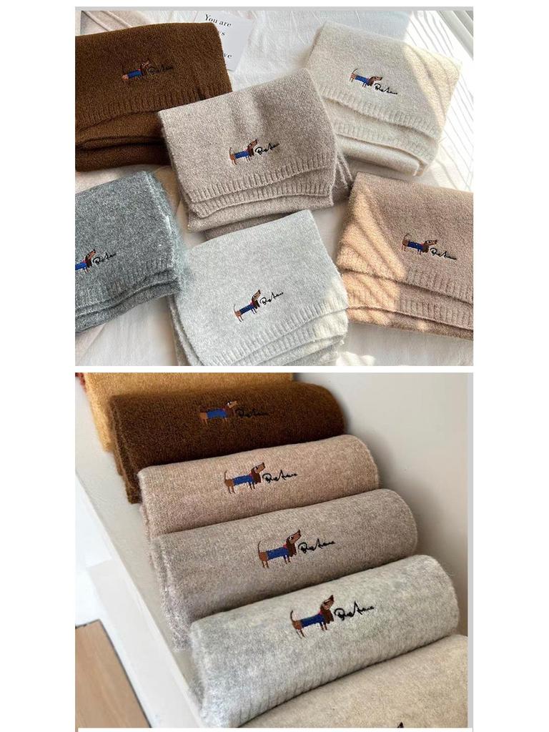 Korean Style Thickened Winter Puppy Embroidery Scarf - Warm, Versatile, Windproof Shawl for Women