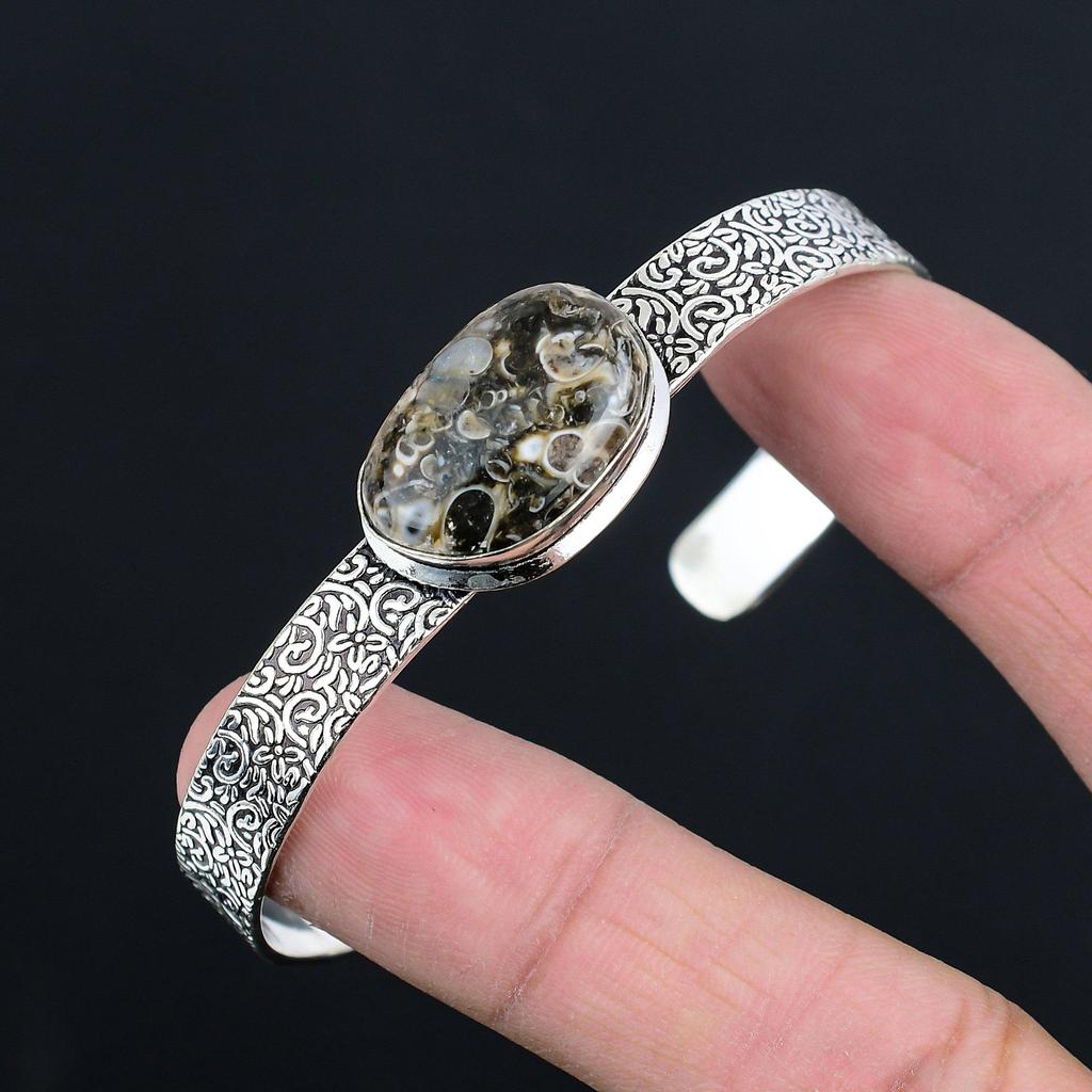 Daughters Day Sale Sterling Silver Natural Turritella Agate Wife Bangle Jewelry