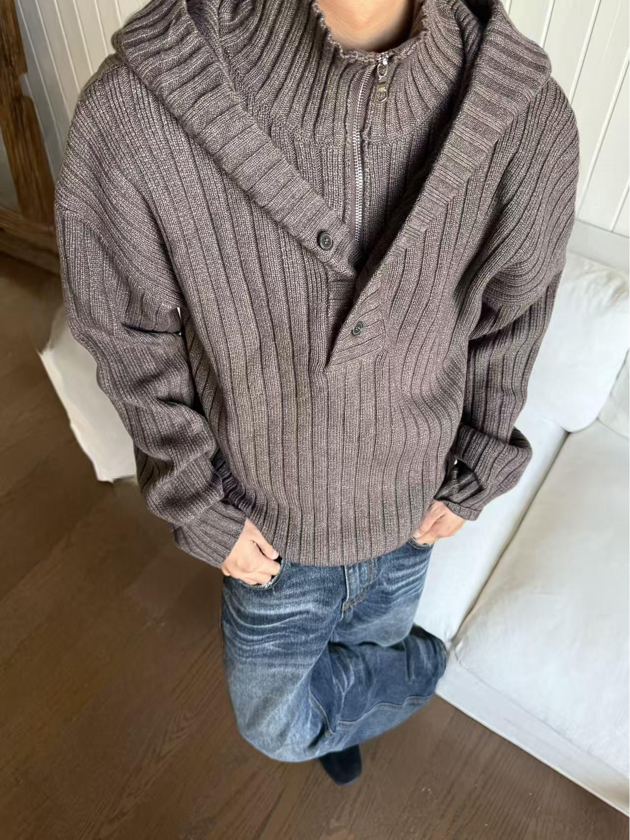 

EME Yisheng Yi Unisex Hooded Thick Knit Sweater Jacket with Stand Collar L коричневий/сірий колір