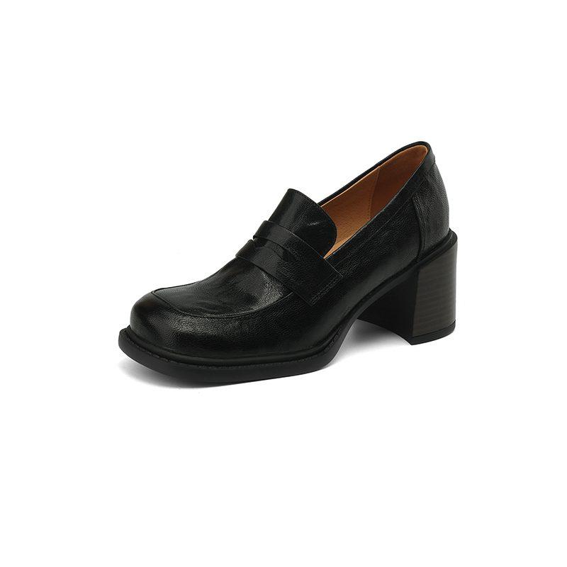 

Осенне-летние туфли Krazing Pot из овчины с квадратным носком на массивном каблуке, женские школьные туфли без шнуровки в британском стиле 40 чёрный