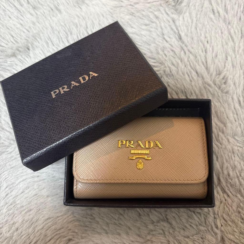 Used PRADA Saffiano Leather Key Case Beige