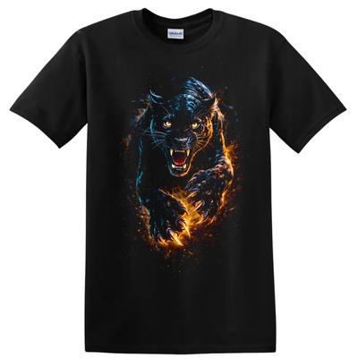 Fierce Animal Graphic T Shirt with Roaring Panther Fire and Ice Colors Tee