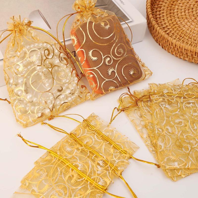200/10PCS Gold Organza Drawstring Gift Bags Mini Earring Jewelry Pouches Wedding Christmas Party Favor Wrapping Packing Supplies