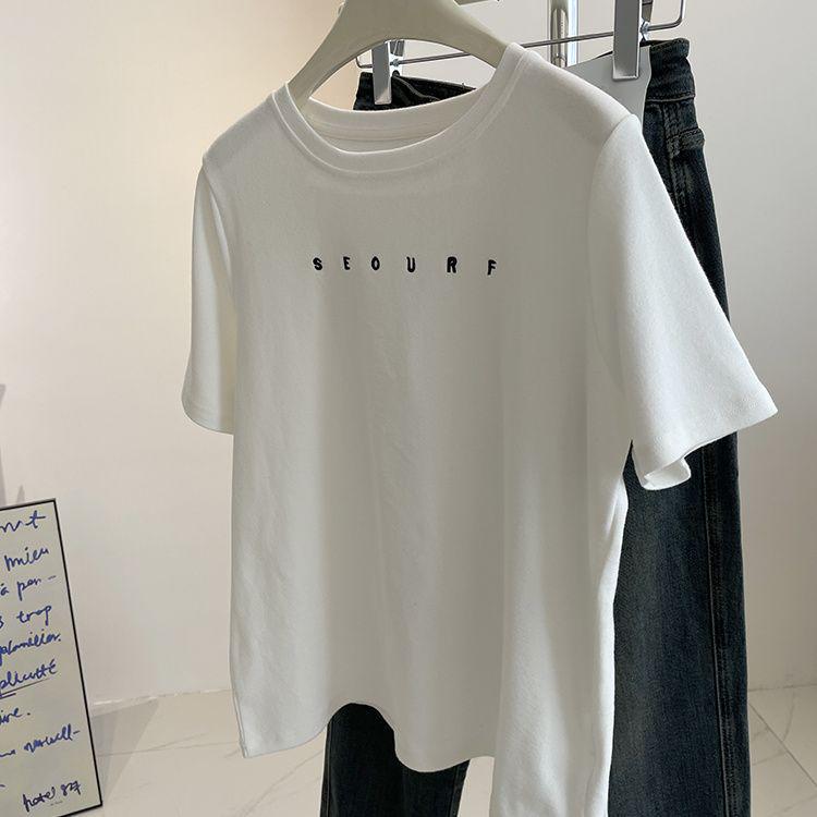 Women's Trendy Short-Sleeve Embroidered T-Shirt - Brushed, Slim Fit, Solid Color Round Neck Tee for Autumn