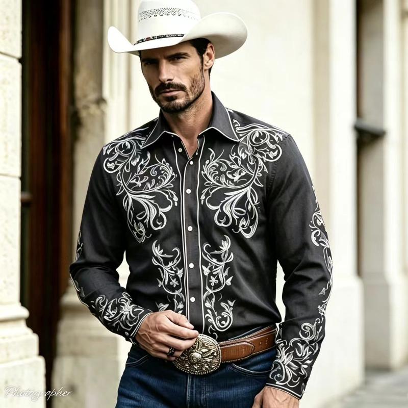 Retro floral 3D printed men's shirt, Western denim button up long sleeved shirt, men's lapel casual fashion shirt, plus size