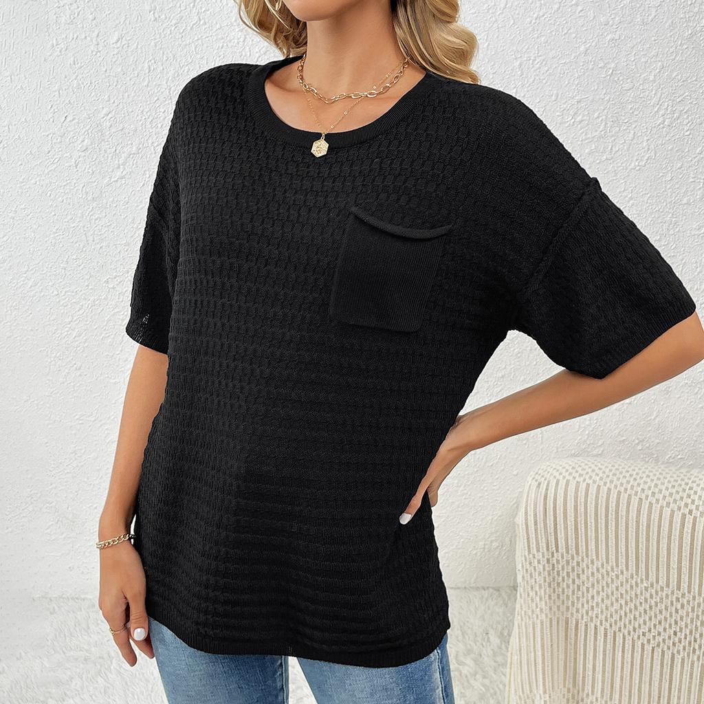 New Spring/Summer Women's Pullover Pocket Home Short Sleeve Solid Color Women's Knitwear