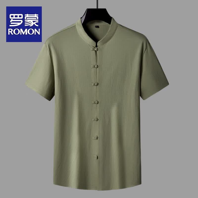 ROMON Men s Plus Size Chinese Style Stand Collar Short Sleeve Shirt 6XL