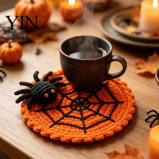 Heat Resistant Yarn Coaster Halloween Spider Web Coaster, Handmade Crochet Drink Mat for Crocheted Cup Pad Table, Spooky Gothic Table Mats Coffee And