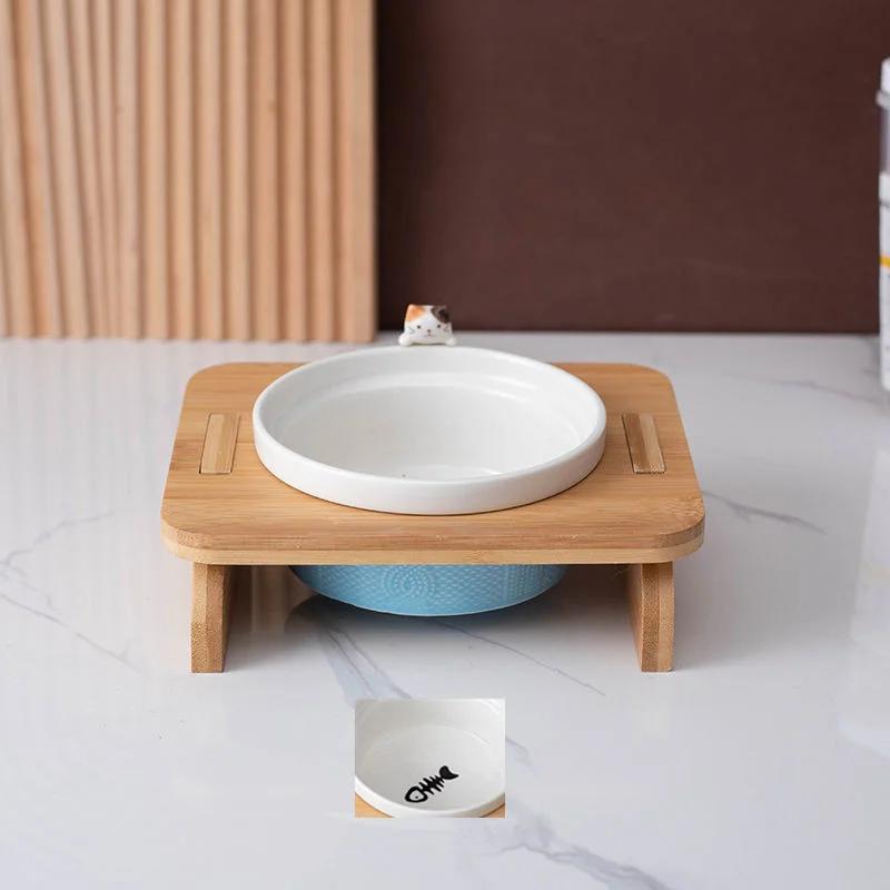 Cartoon Pets Double Bowl Dog Cat Food Water Feeder Stand Raised Ceramic Dish Bowl Wooden Table Pet Supplies Cat Bowls