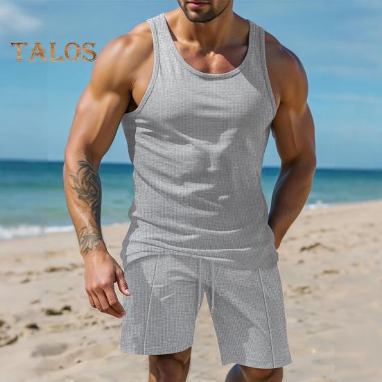 2 stk/sett Herre Sportsklær Vaffelstoff Ensfarget O-hals Ermeløs Vest Elastisk Midje Vide Ben Shorts Dress Fritidsklær
