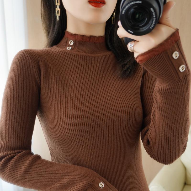 Knitted bottoming shirt autumn and winter new semi-turtleneck sweater women's pullover sweater long-sleeved slim-fit button-up top