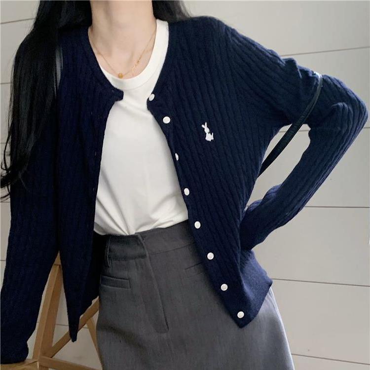 Early Autumn Women's V-Neck Knit Cardigan - College Style, Short, Embroidered, High-Waisted Korean Fashion Sweater